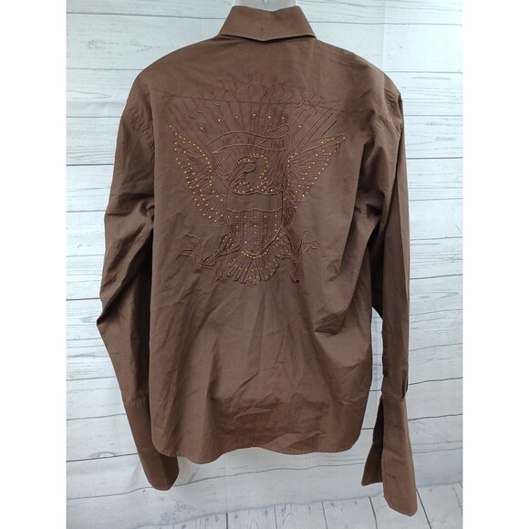 Manzini Brown Dress Shirt Mens XL Button Front French Cuff Embroidery Eagle - Picture 3 of 12
